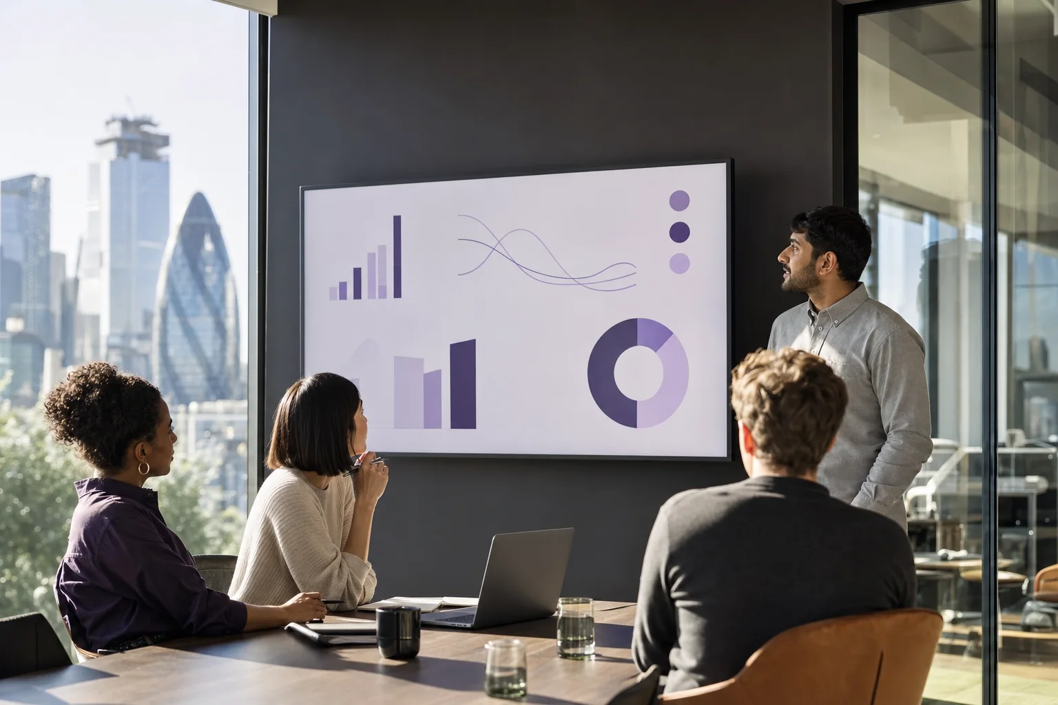 UK startup leadership team reviewing financial KPI charts in a London office