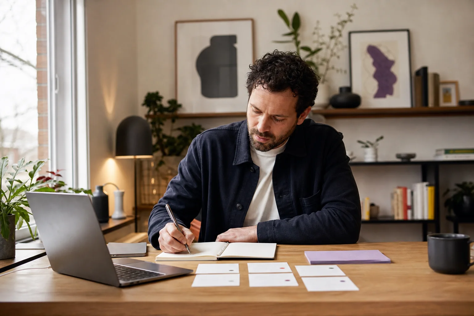 UK startup founder creating a business plan in a contemporary home office