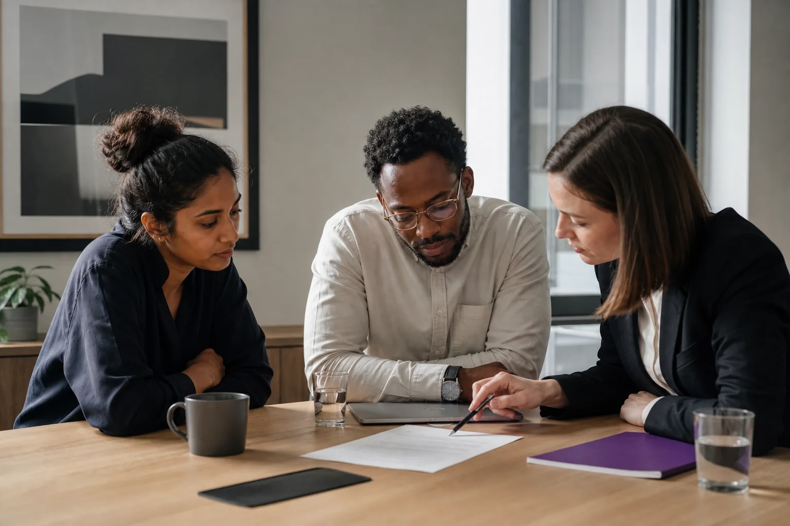 Tech startup co-founders reviewing a shareholders’ agreement with an adviser