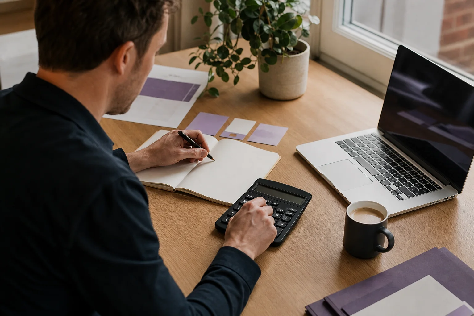 Founder preparing a UK startup budget with a calculator and planning notebook