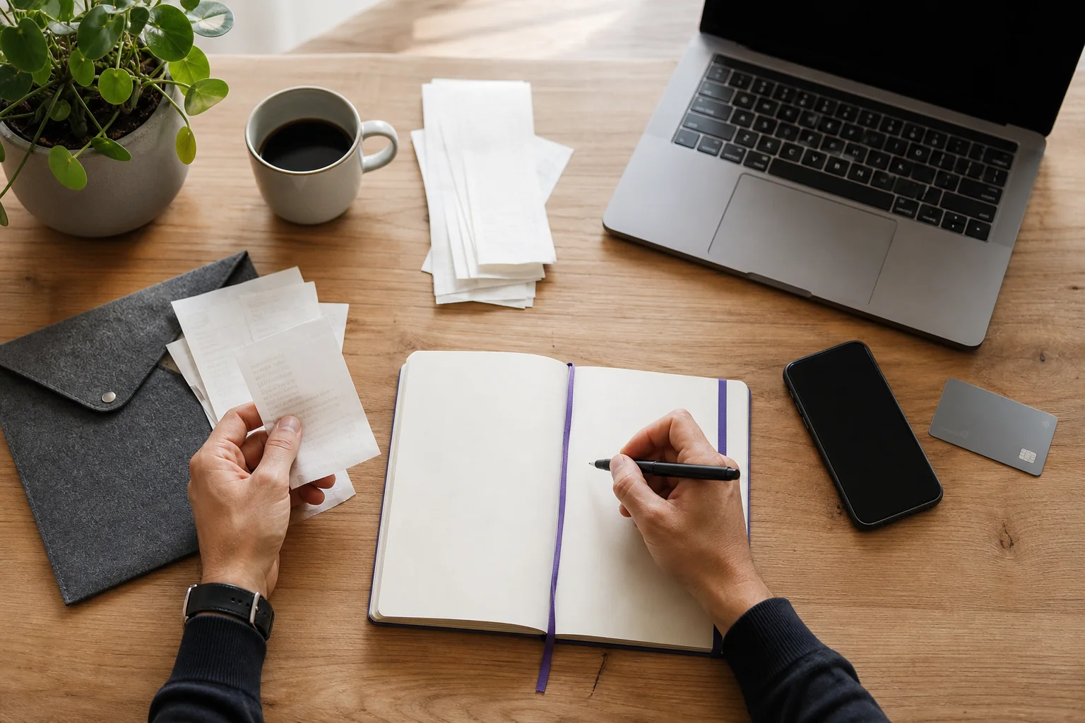 Startup founder organising business receipts and expenses at a desk