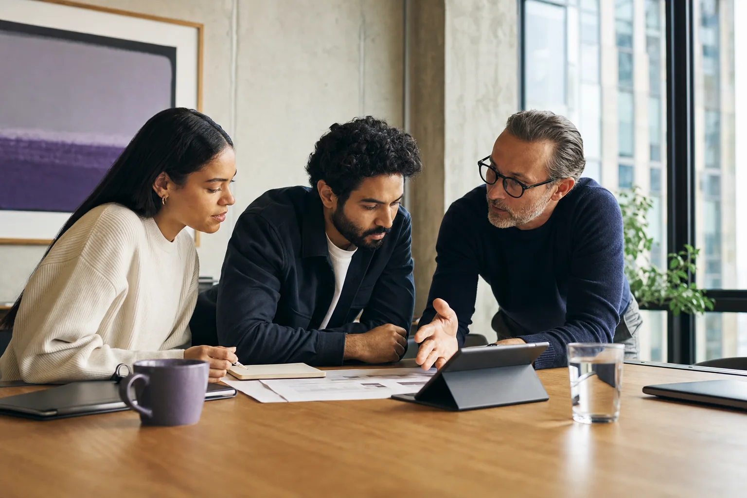 Two UK startup founders reviewing a funding plan with an investor