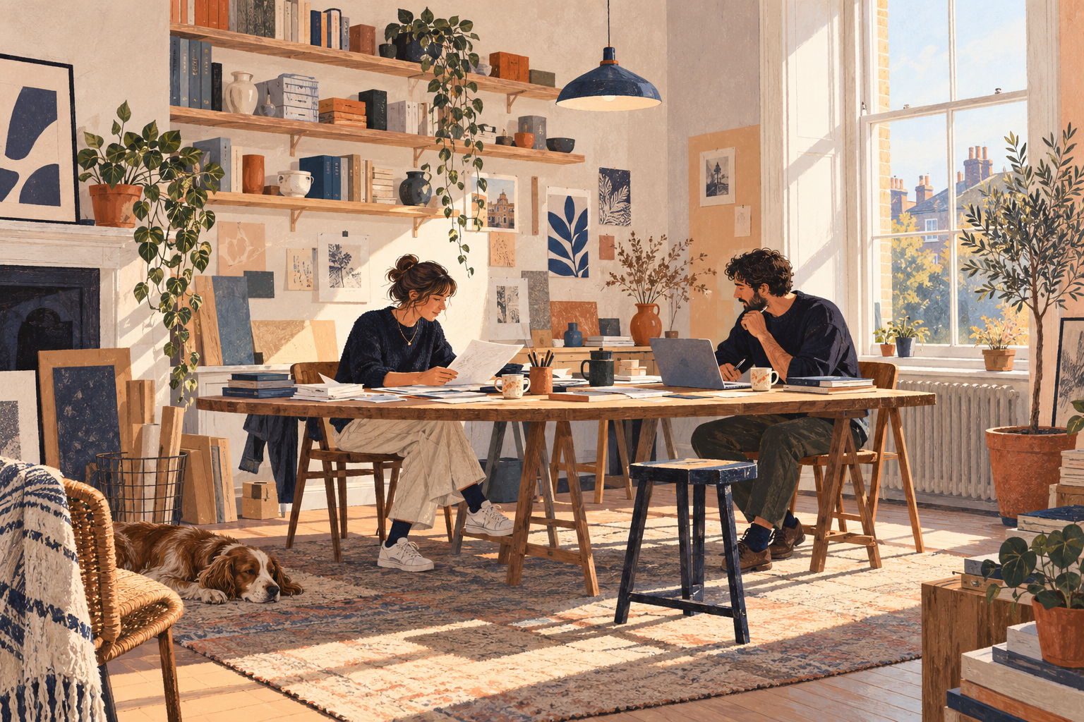 Illustration of founders working in a sunlit studio